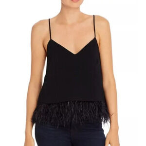 CINQ A SEPT "NARCISSA" Cropped Cami Tank Top Ostrich Feather Bottom Black XS